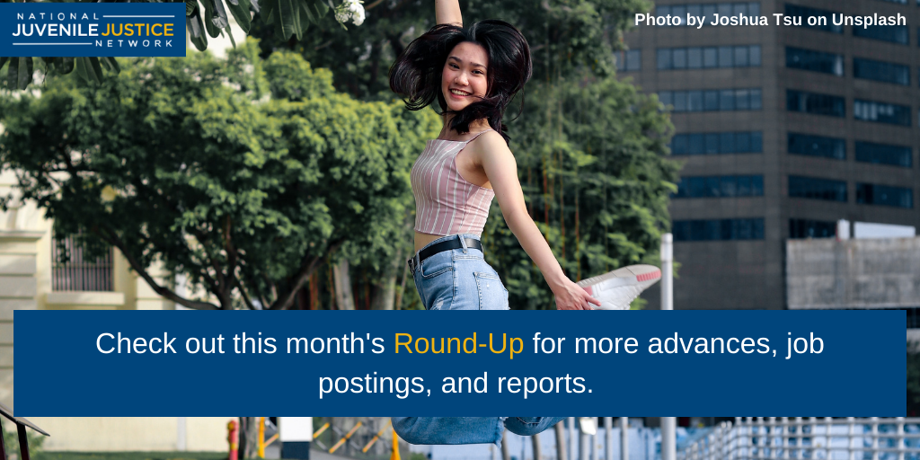 Image of a young person smiling and jumping with headline: "Check out this month's Roundup for more advances, job postings and reports"